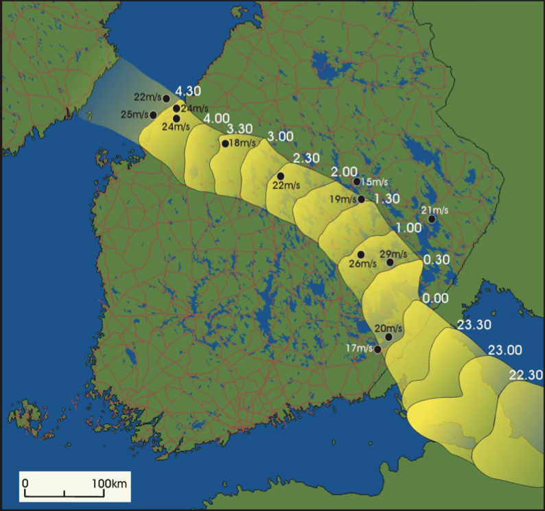 Asta-rajuilman eteneminen Suomen poikki.